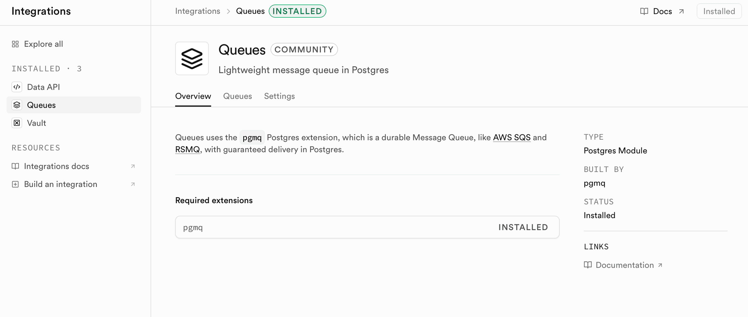 Supabase Dashboard Integrations page, showing the Queues Postgres Module